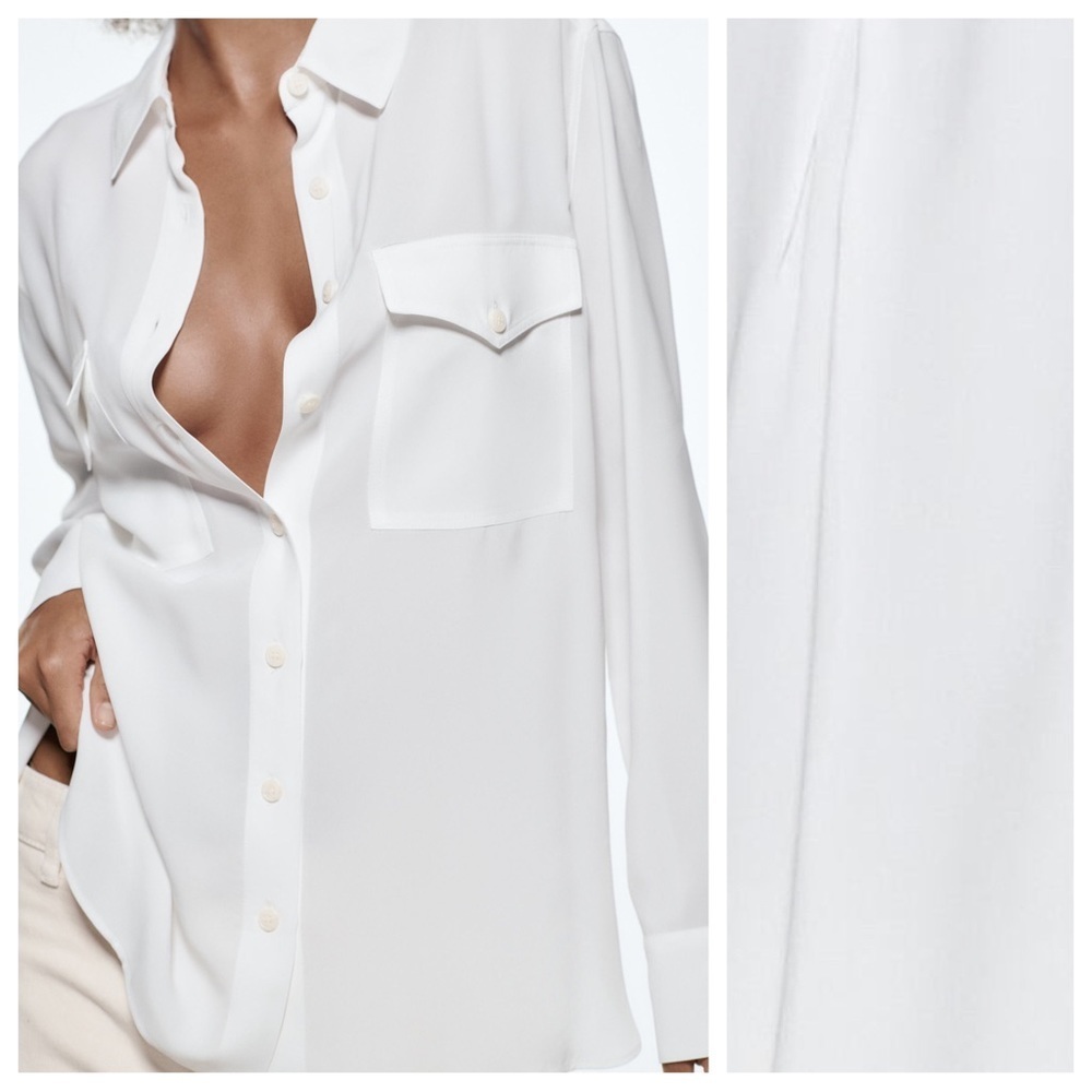 NWT. Zara White Flowy Shirt with Pockets. Size XS. - Picture 2 of 12